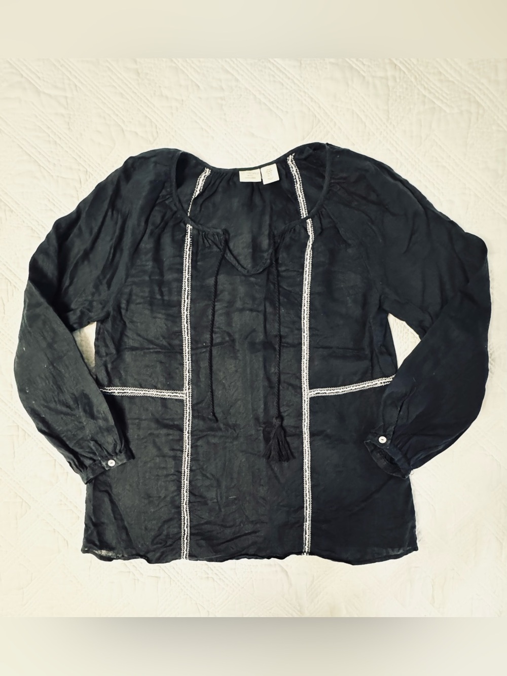 St. Tropez West Black Linen Peasant Blouse with White Trim Size Medium